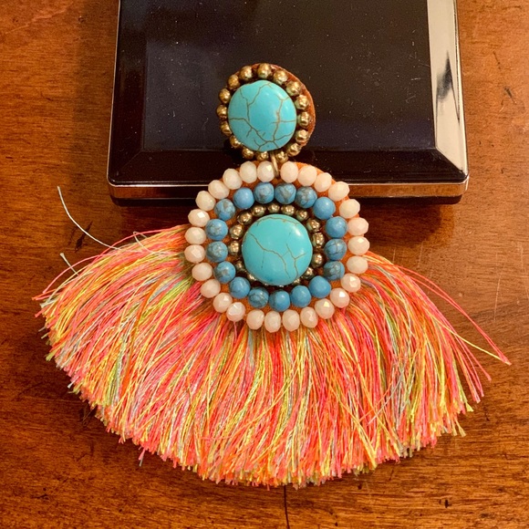 NEIMAN MARCUS Neon Orange & Turquoise Boho Hand Beaded Fringe Statement Earrings - Picture 7 of 15